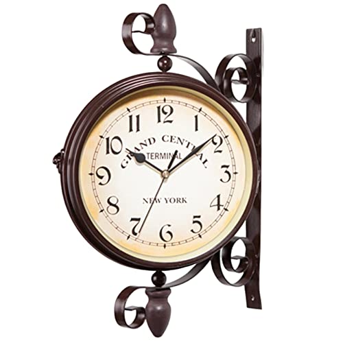 Hperu Horloge Murale Double Face, Design d'horloge de Gare Vintage avec Construction d'angle en métal, Jardin Suspendu pour décoration Murale de la Maison (Aucune Pile requise)