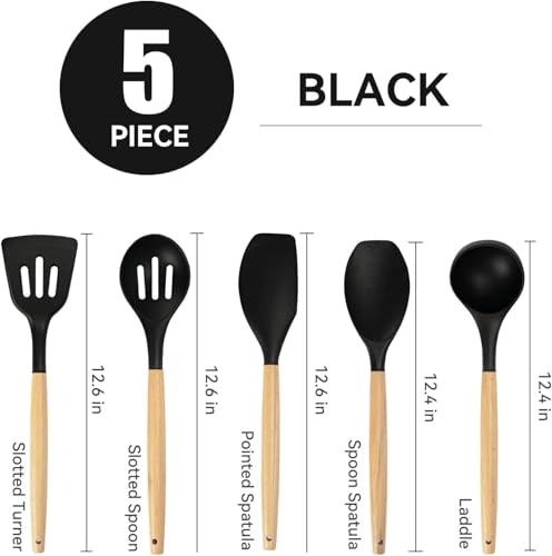 Image of Silicone Spatula Set, Spatula Set with Wooden Handle for Cooking and Mixing, for Non Stick Pan, Kitchen Tools Set of (5, Black)