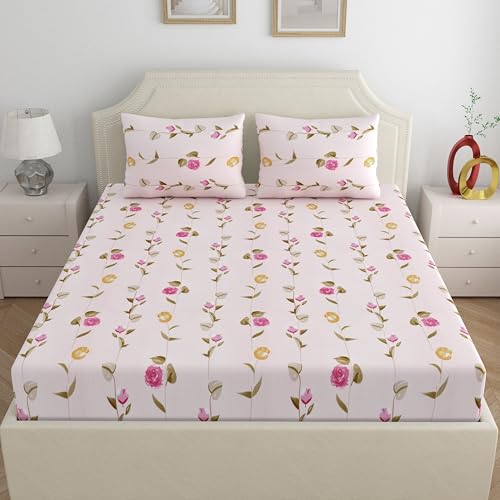 Image of Dreamscape Microfiber Wrinkle & Fade Resistant Double Bedsheet with 2 Pillow Covers - (Size 87 x 94 inches, 140TC, Colour - Pink)