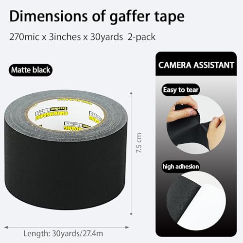 Image of 2-Pack Black Gaff Tape,3 inch x 30 Yards,Black Gaffers Tape,Matte Gaffer Tapes for Stage,Studio, Wire Finishing,Photography,No Residue,Non Reflective,Easy Tear
