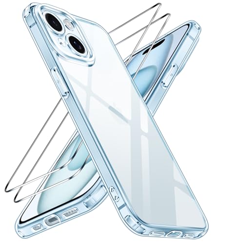 ivoler 3 in 1 Funda Compatible con iPhone 15 6.1 Pulgadas con 2 Piezas Cristal Templado, [Protección Militar] [Protección de Cámara] Transparente Anti-Choque Carcasa Protectora - Azul