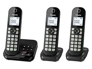 Panasonic KX-TGC463GB Digitales Schnurloses Telefon mit Anrufbeantworter, Basisstation & 3 Mobilteile, LCD-Display, große Tasten, Schwarz