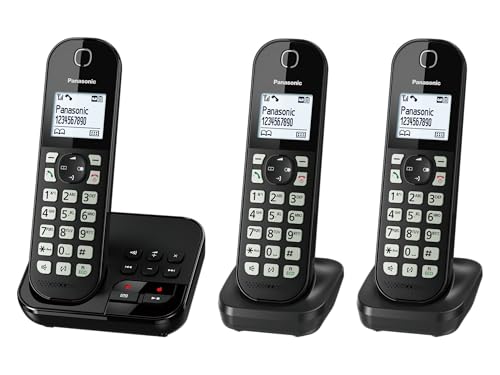 Panasonic KX-TGC463GB Digitales Schnurloses Telefon mit Anrufbeantworter, Basisstation & 3 Mobilteile, LCD-Display, große Tasten, Schwarz