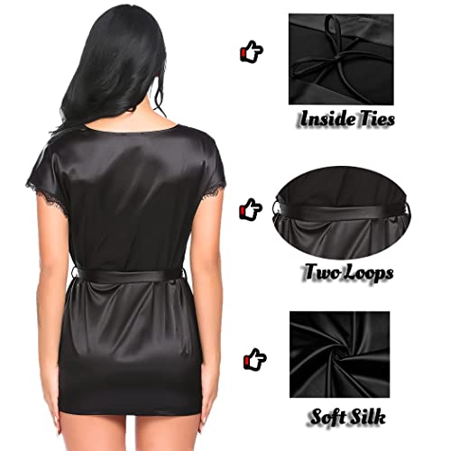 Avidlove Women's Satin Robe Short Kimono For Bride & Bridesmaid Lace Trim Robes Black Large #TOP2