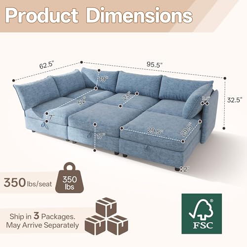 Image of 95.5 inch Chenille Modular Sectional Sofa Bed Hidden Storage, Convertible L U Shaped Sleeper Couch, 6 Seat Modern Modular Sectional Sofa with Removable Covers & Ottoman Chaise, for Living Room, Blue