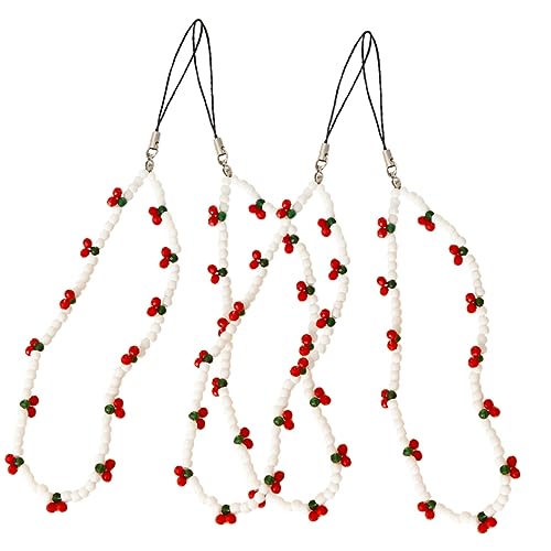 BESTonZON 4pcs Mobile Phone Cherry Chain White Wrist Tape Phone Beaded Wrist Strap Cellphone Strap Mobile Phone Hanging Chain Delicate Phone Strape Mobile Phone Case Chain Unique Alloy