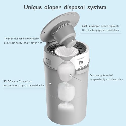 Image of Bellababy Diaper Pail, Upgrade Baby Diaper Bin with Double Odor Locking, Includes 4 Refills (270 inches /pcs), Compact Design for Nursery,Gray