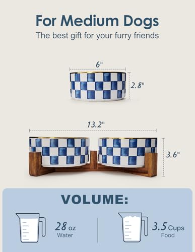 Ceramic Dog Bowls for Medium Dogs, 3.5 Cup Checkered Dog Food and Water Bowl with Acacia Wood Stand, Non-Slip Anti-Tip Elevated Feeding Station, Blue and White - Image 4
