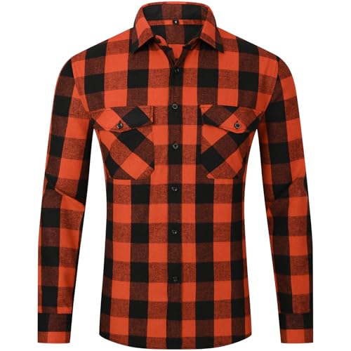 DOKKIA Flannel Shirt for Men Buffalo Plaid Long Sleeve Button Down Casual Jacket Burnt Orange Black Large