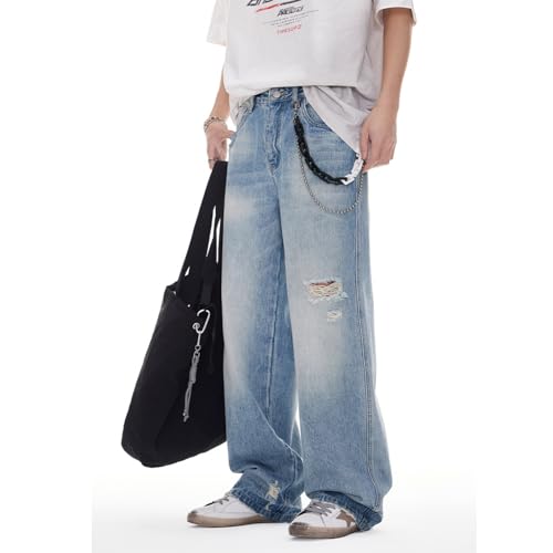 EnllerviiD Men's Ripped Baggy Jeans Wide Straight Leg Loose Fit Distressed Denim Pants Hip Hop Streetwear2