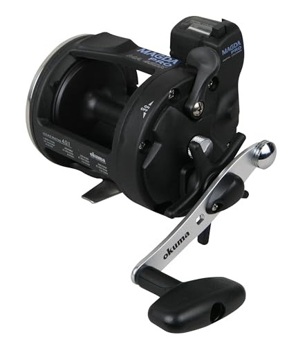 Okuma Magda Pro Line Counter Levelwind Trolling Reel, Small, Stainless Steel, Black/Silver, MA-20DLX