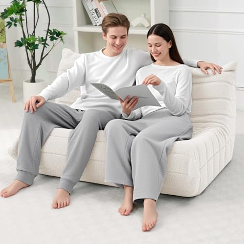 Image of HABUTWAY Bean Bag Chairs Fireside Lazy Floor Sofa,2 Seater,Beige | Soft Teddy Fleece 2 Seater Sofa with High-Resilience Foam Filling,Beanbag for Living Room, Bedroom, Office