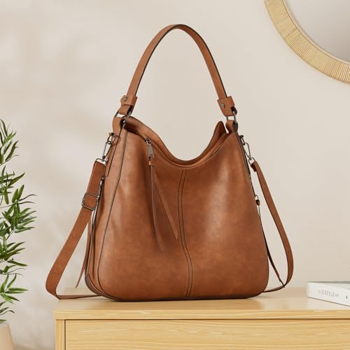 Image of Realer Hobo Crossbody Bags for Women Designer Faux Leather Hobo Handbags Retro Large Size Shoulder Bag Bucket Purse
