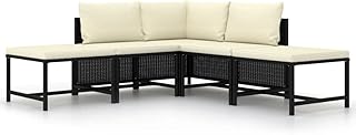 vidaXL 5-Piece Poly Rattan Garden Sofa Set with Cushions - Black - Modern Outdoor/Indoor Lounge Furniture Set Ideal for Pa...