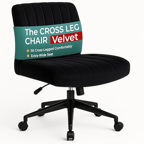 NYPOT Silla cruzada con ruedas, silla de oficina ancha sin brazos para sentarse con piernas cruzadas, tocador ajustable giratorio de 360° y balancín de 120° para el hogar y la oficina (con ruedas