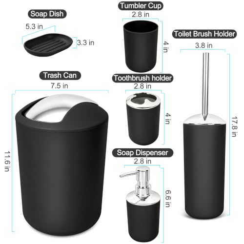 Image of Compact 6-Piece Black Plastic Bathroom Accessories Set with Small Trash Can, Soap Dispenser, Toothbrush Holder, Cup, Soap Dish, Toilet Brush for Guest Bathroom Dorm Apartment