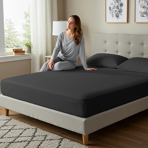 Image of ROYALE LINENS Fitted Sheet with Pillowcases - Queen Fitted Sheets with 2 Pillowcases - 300 Thread Count 100% Organic Cotton - Fits Mattress Up to 18 inch Deep - Soft & Breathable - Black (No Flat Sheet)