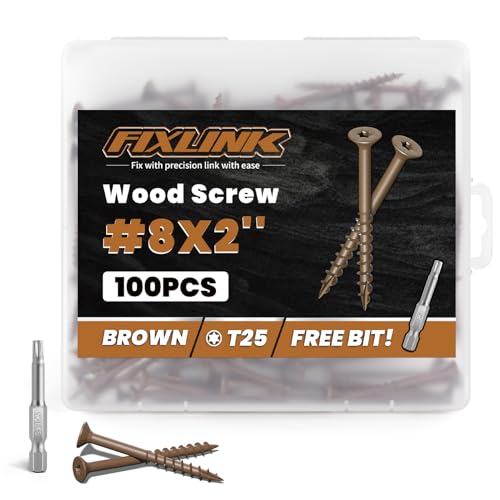 Wood Screws 2 Inch, FIXLINK Deck Screws #8 x 2, 100 PCS, Epoxy Coated, T25 Star Bit Above 1500 Hour Salt Spray Coating Outdoor Decking Screws Excellent Rust Resistant for Wood Fence, Brown
