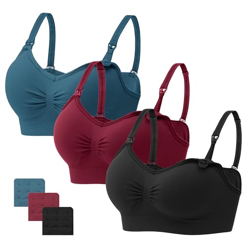 Image of Angelhood Womens Seamless Sleep Nursing Bra,Breastfeeding Maternity Bra with Remove Bra Pads Extenders Pack of 3