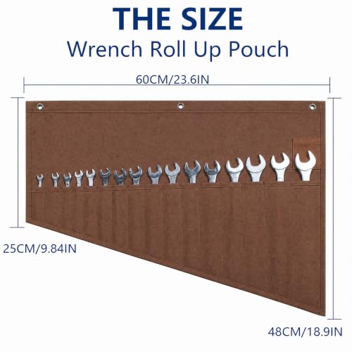 Image of Wrench Roll Up Pouch,16-Pocket Heavy Duty Roll Up Tool Bag,Sturdy Waterproof Oxford Fabric with 3 Rings for Wrenches,Screwdrivers,Hand Tools Storage,Portable Wrench Organizer for Mechanics(Brown)