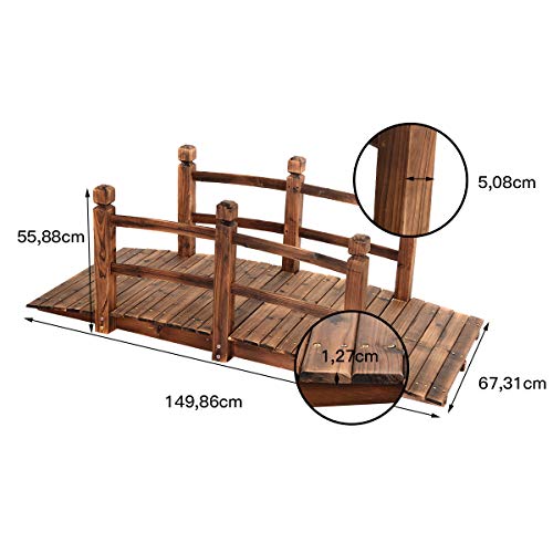Bild 6 GOPLUS Holzbrücke aus Tannenholz, Gartenbrücke bis 100 kg, Teichbrücke Braun, Zierbrücke mit Geländer, 150x67x55cm (Braun)
