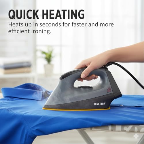 Image of BALTRA Flash Pro Dry Iron Press 1000 Watts, Greblon Non Sick Coated Golden Sole Plate | 5 Modes | Heavy Weight Iron for Clothes | Shock Proof Body | Aerodynamic Design | 2 Years Replacement Warranty