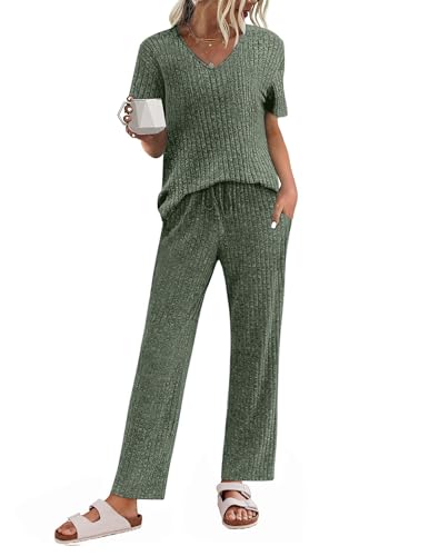 JiniGolla Women's Ribbed Knit Pajama Set 2 Piece Matching Pj Set Short Sleeve Top and Pants Lounge Set with Pockets - Main Image