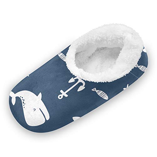 TropicalLife LUCKYEAH Zapatillas de casa con ancla de ballena marina para mujeres y hombres, zapatillas de pies peludos, cómodas y cálidas de espuma viscoelástica, zapatillas de felpa para i