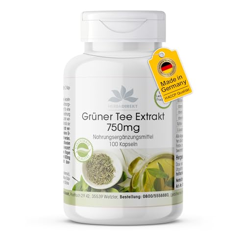 Grüner Tee Extrakt 750mg Kapseln - 100 Kapseln - Polyphenole - Catechine - EGCG - Koffein - hochdosiert - vegan | HERBADIREKT by Warnke Vitalstoffe - Deutsche Apothekenqualität