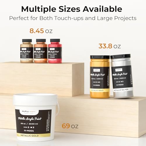 Image of Nicpro Metallic Gold Acrylic Paint, 69oz /2040ml Large Gold Leaf Paint | Non Toxic, Non Fading Craft Paints for Metal, Wood, Clay, Fabric, Canvas, Furniture, Handcrafts, Art Supplies