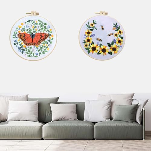 Image of Allazone 2 Sets Embroidery Kit for Beginners, Stitch Practice Kits for Craft Lover Hand Stitch with Embroidery Fabric with Stamped Pattern, Starter Stitch Kits Suitable for Adults (Butterfly)