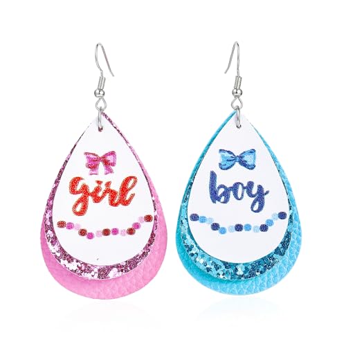 Waterdrop Gender Reveal Earrings Pink Blue Glitter Leather Earrings for Gender Reveal Pregnancy Announcement Party Accessory