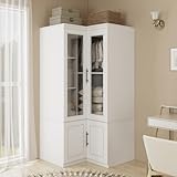 UrbEleg Armoire Wardrobe Closet, Wardrobe Closet with Glass Door, Armoire with Storgae Shelves, Bedroom Armoire wtih Hangind Rod, Wardrobe Cabinet White Wooden Wardrobe for Bedroom(37'W x 37'D x 71'H)