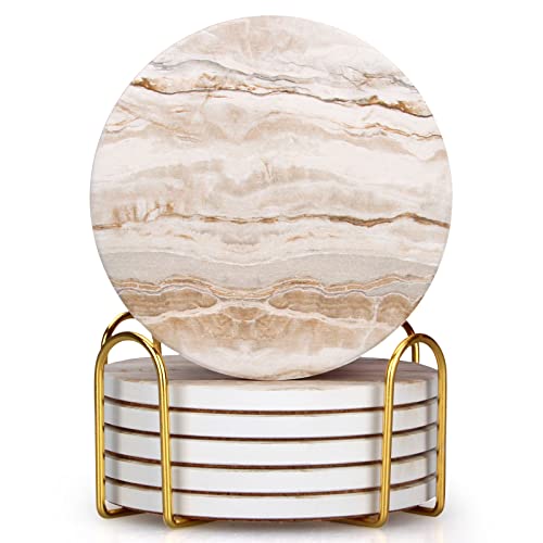 Dksyee 6 Pcs Marble Ceramic Coasters With Holder Best Absorbent Drink Coasters Round Ceramic Table Coasters Set Decorative Coffee Cup Beverage Coasters Wine Beer Bar Coasters cover