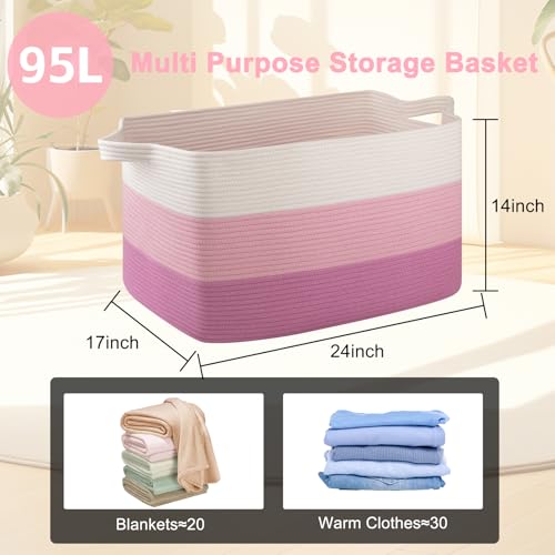 Image of OIAHOMY Extra Large Blanket Basket, 95L Cotton Rope Woven Laundry Basket, Toy Bin for Baby Room, Container for Blanket Storage in Living Room, 24''x17''x14'', Gradient Pink