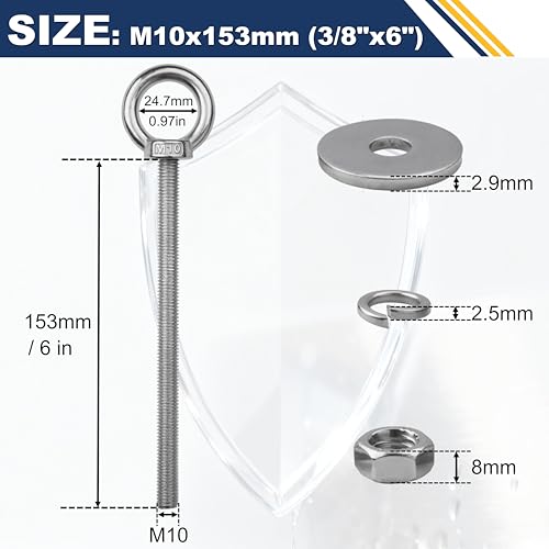 Image of 2 Pack M10 Stainless Steel Eye Bolts with Nuts,3 /8 inch x 6 inch Eye Bolts | 304 Stainless Steel Eye Bolt,Eye Bolts Heavy Duty for Hang Tie Down Outdoor,3 /8 eye bolts with nuts,m10 eye bolts