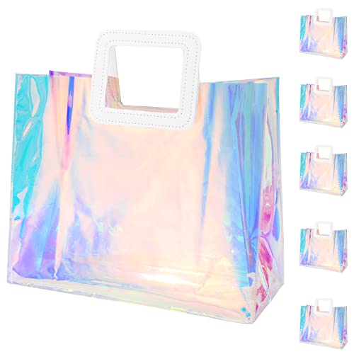 Whaline 10 Pcs Clear Holographic Small Gift Bags 7.9 x 7.9 x 4 Inch Iridescent Reusable Tote PVC Handbags Waterproof Gift Wrap Shopping Bags for Holiday Wedding Birthday Baby Shower Party Supplies