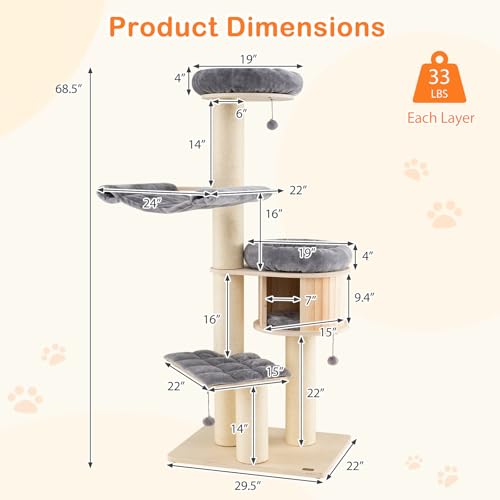 Image of Tangkula Modern Cat Tree, Multi-Level Large Cat Tower with Condo, Hammocks & Hanging Basket, Tall Cat Tree with Sisal Posts, Washable Cushions, Wood Cat Trees and Towers for Indoor Large Cats