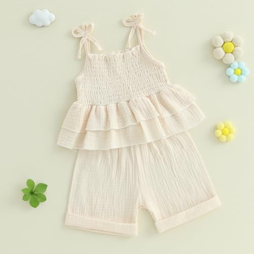 Image of Thorn Tree Toddler Girl Clothes Summer Ruffle Hem Sleeveless Stretchy Top Casual Shorts Cotton Line Outfits