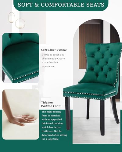 VICBARLEY Velvet Dining Chair Set of 2 Upholstered Tufted Dining Room Chair with Nailhead Trim and Solid Wood Legs for Kitchen, Restaurant,Green