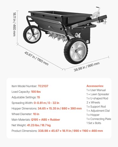 Image of VEVOR Tow Behind Lawn Spreader with Aeration Spikes, 32 in Spreading Width, Broadcast Spreader with Universal Hitch, Garden Seeder & Soil Aerator with 100lbs Capacity & 10 in Tires for ATVs UTVs