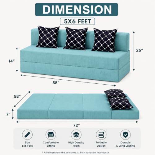 Image of Three Seater Sofa Cum Bed 5x6 Ft with Soft Foam Cushioning, Comfortable Foldable Sofa Bed for Living Room, Bedroom, Guest Room & Office(Sky Blue)
