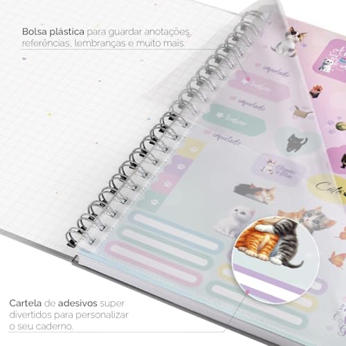 Caderno Colegial Plus 10 Matérias Capa Dura Cats Cute