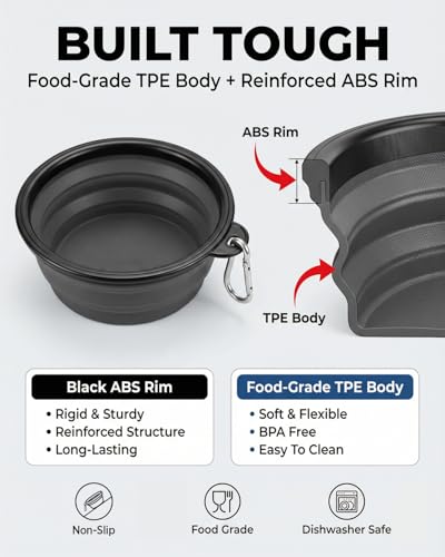 Image of Collapsible Dog Bowls for Travel, 2-Pack Dog Portable Water Bowl for Dogs Cats Pet Foldable Feeding Watering Dish for Traveling Camping with Carabiners, BPA Free (Grey&Black, Large)