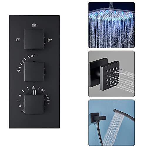 Pommeau de douche à effet anti-brûlure avec système de douche à LED thermostatique noir