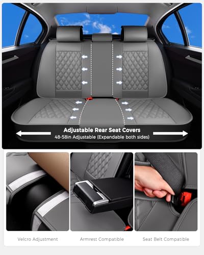 Image of Huidasource Gray Back Seat Cover, Rear Split Bench Leather Rear Seat Cover, Adjustable Back Seat Car Cover with Non-Slip, Universal Fit for Most Cars Sedan SUV Pickup Truck (Back Row /Gray)