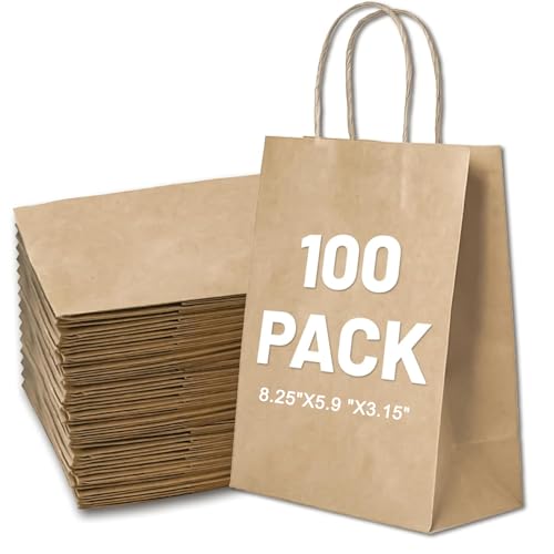 Gift Bags 8.25'X5.9 'X3.15' 100pcs Brown Kraft Paper Bag with Handles for Small Business Christmas Bulk, Wedding, Party Favor, Shopping, Lunch, Halloween Trick-or-Treat Bags