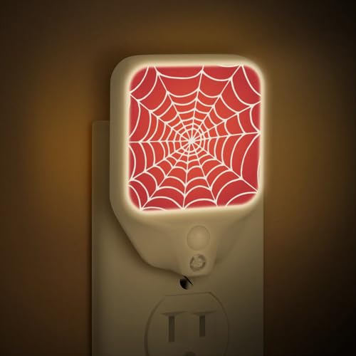 Image of Plug-in Led Night Light with Auto Dusk to Dawn Sensor for Room Decor, Red Spider Web Adjustable Brightness Warm White Lights for Hallway,Bedroom, s Room, Kitchen, Stairway