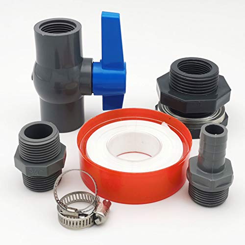 Da by Rain Barrel 3/4\" Bulkhead Fitting with Ball Valve PVC and Garden Hose Adapter Barb(for 5/8\" ID Hose) and Stainless Steel Pipe Clamps and Thread Seal Tape