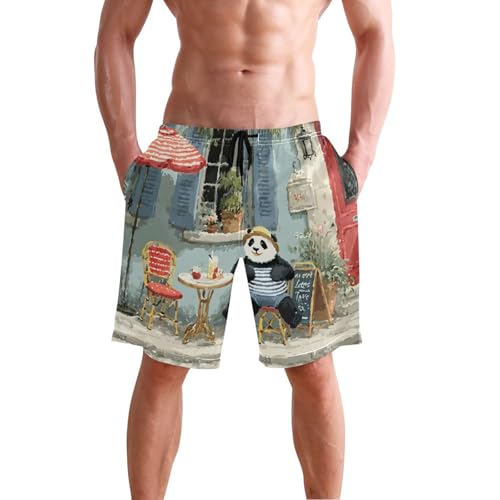 Men's Swim Trunks Street Panda Print, Quick Dry Beach Board Shorts with Lining-S